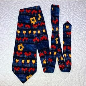 Woods & Gray vintage SILK flower power tie, navy blue, red & yellow, 57”